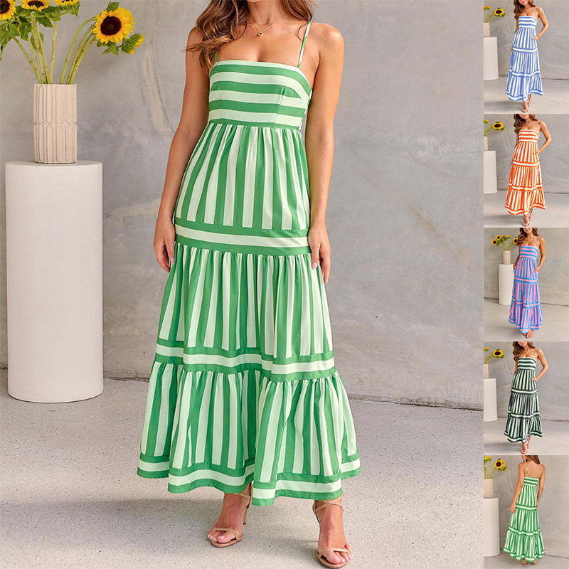 Summer Striped Printed Suspender Long Dress With Pockets Fashion Square Neck Backless Dresses For Beach Vacation Women Clothing SwiftShop